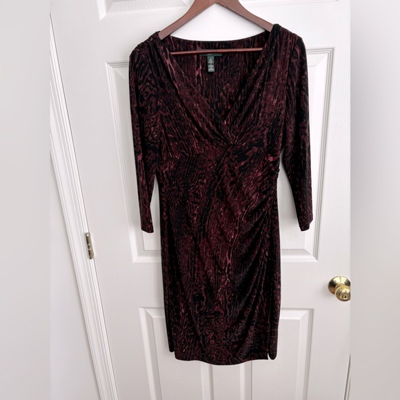 NWOT LAUREN RALPH LAUREN V NECK WRAP STYLE LONG SLEEVE BLACK/WINE DRESS SZ. 8 - Picture 4 of 13